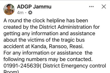 A round the clock helpline has been created by the District Administration for getting any information and assistance about the victims of the tragic bus accident at Kanda, Ransoo, Reasi.