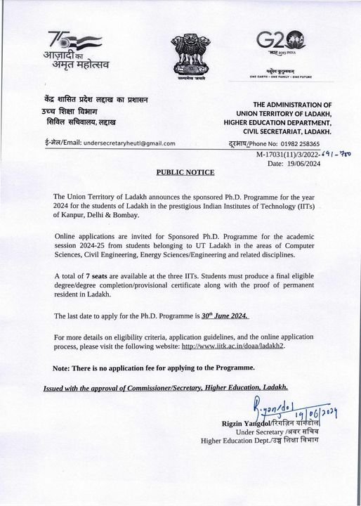 PUBLIC NOTICE The Union Territory of Ladakh announces the sponsored Ph.D. Programme for the year 2024 for the students of Ladakh in the prestigious