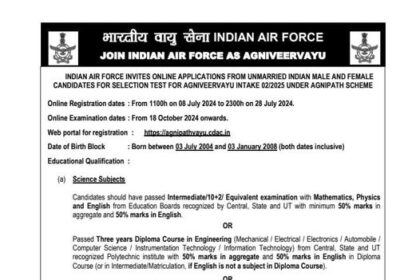 Indian Air Force invites online applications from unmarried Indian male and female candidates for selection test for #Agniveervayu intake 02/2025 under Agnipath scheme.