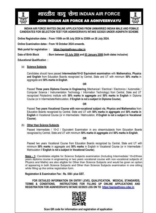 Indian Air Force invites online applications from unmarried Indian male and female candidates for selection test for #Agniveervayu intake 02/2025 under Agnipath scheme.