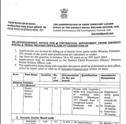 Attention! Office of the District Social Welfare Officer, Leh invites applications for filling up of District Level Posts under Mission Vatsalya.