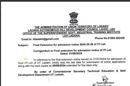 Attention! Government ITI, Leh, UT Ladakh issues notice of extension for admission notice 2024-25-26.