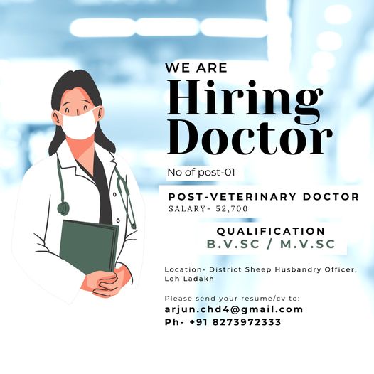 Resume is being invited for the post of Veterinary Doctor at office of Sheep Husbandry. For more details, refer to the advertisement.