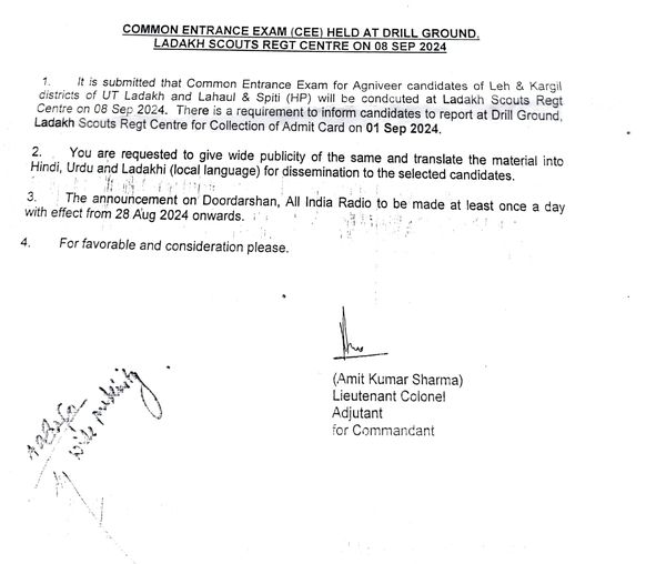 Attention! Ladakh Scouts Regimental Centre is conducting a Common Entrance Exam for Agniveer candidates of Leh & Kargil districts of UT Ladakh and Lahaul & Spiti at LSRC Drill Ground on September 8, 2024.