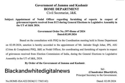 J&K Govt has appointed Jatinder Singh Johar, AIG Crime and Complaints, J&K as the Nodal Officer to coordinate and report on grievances received from the Election Commission of India during the 2024 General Elections to the Legislative Assembly in J&K.