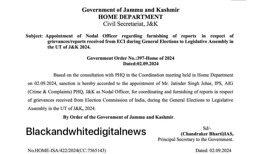 J&K Govt has appointed Jatinder Singh Johar, AIG Crime and Complaints, J&K as the Nodal Officer to coordinate and report on grievances received from the Election Commission of India during the 2024 General Elections to the Legislative Assembly in J&K.