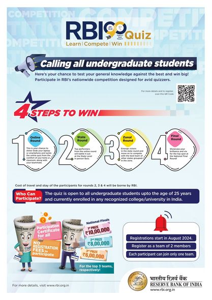 RBI90Quiz is a nationwide quiz for undergraduate students being conducted as part of commemoration of the 90th year of the Bank. The competition spans multiple levels and has attractive prizes.