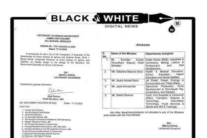 Key Ministerial Portfolios Assigned in Jammu and Kashmir as per New Order by Lieutenant Governor