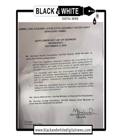 Jammu and Kashmir Legislative Assembly Calls for Restoration of Special Status in Historic Resolution