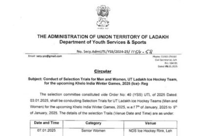 Selection Trails for UT Ladakh Ice Hockey Team (Men and Women ) for the upcoming Khelo India Winter Games, 2025 will be conducted w.e.f 07.01.2025 to 09.01.2025.