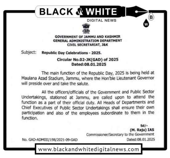 Jammu and Kashmir Government Issues Circular for Republic Day 2025 Celebrations