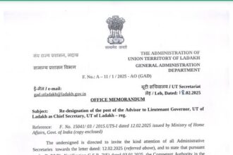 The Ministry of Home Affairs, Govt. of India, has re-designated the post of Advisor to Lieutenant Governor, UT of Ladakh as Chief Secretary, UT of Ladakh, effective immediately.