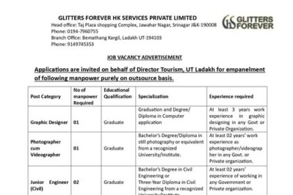 JOB VACANCY ADVERTISEMENT Applications are invited on behalf of Director Tourism, UT Ladakh for empanelment of manpower purely on outsource basis.