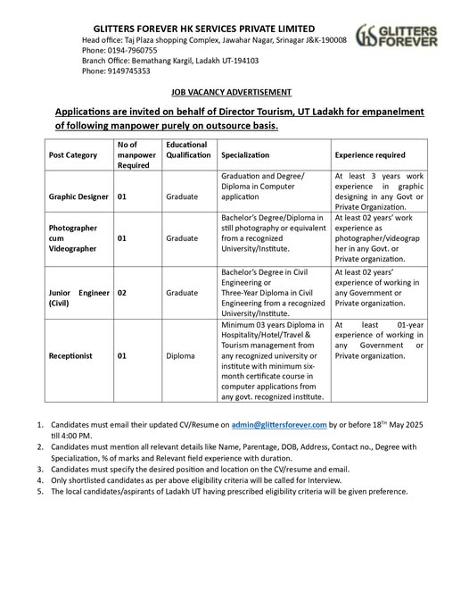 JOB VACANCY ADVERTISEMENT Applications are invited on behalf of Director Tourism, UT Ladakh for empanelment of manpower purely on outsource basis.