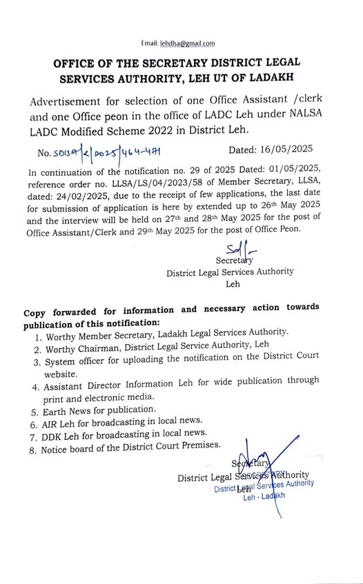 OFFICE OF THE SECRETARY DISTRICT LEGAL SERVICES AUTHORITY, LEH UT OF LADAKH