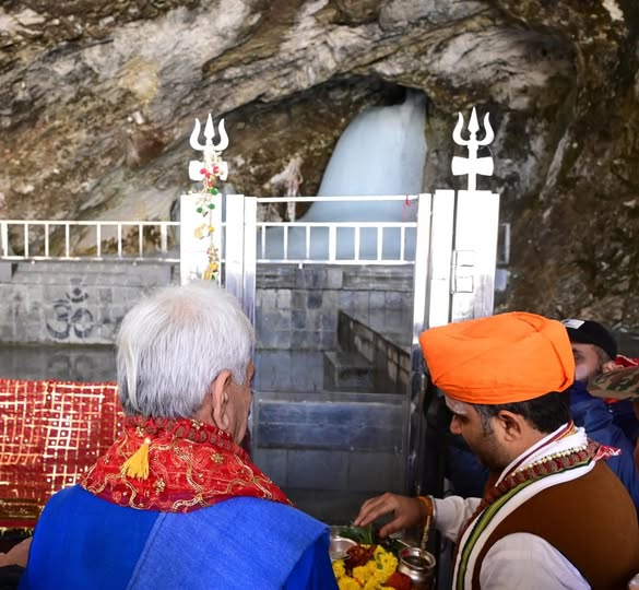 Har Har Mahadev! Paid my obeisance to Baba Barfani and performed the 'Pratham Puja' at the Holy Cave, marking the ceremonial beginning of the annual Shri Amarnath Ji Yatra. May Baba Amarnathji keep showering his divine blessings on all of us.