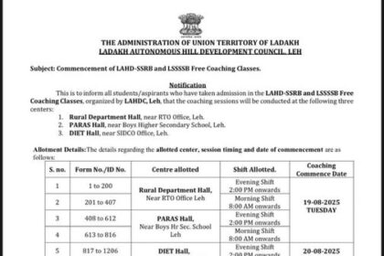 ATTENTION ASPIRANTS!! Free Coaching Classes for LAHD-SSRB & LSSSSB to Begin at Designated Centres in Leh; Inaugural Function at CIBS Auditorium