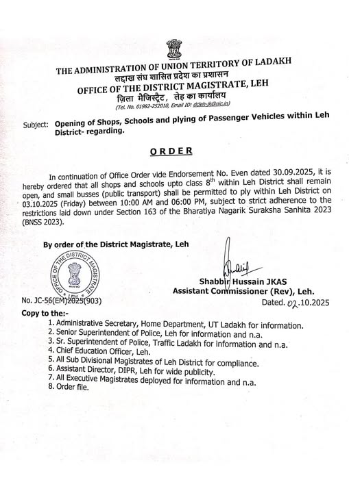 Opening of Shops, Schools and plying of Passenger Vehicles within Leh District- regarding. ORDER