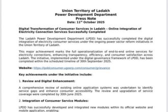 Digital Transformation of Consumer Services in Ladakh – Online Integration of Electricity Connection Services Successfully Completed.