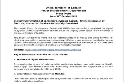 Digital Transformation of Consumer Services in Ladakh – Online Integration of Electricity Connection Services Successfully Completed.