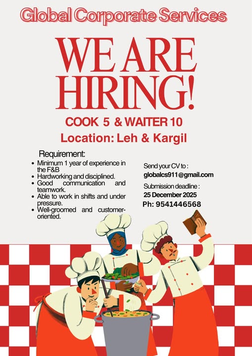 Global Corporate Services invites skilled Cooks and Waiters to join us in Leh & Kargil.