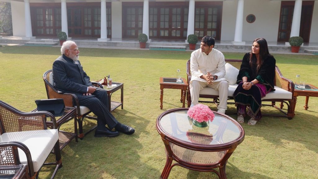 PM Modi Hosts Javelin Star Neeraj Chopra, Wife Himani Mor At His Residence