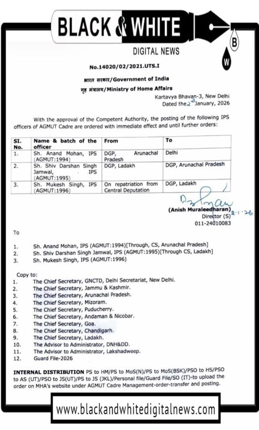 IPS Mukesh Singh Appointed DGP of Ladakh, IPS S.D. Jamwal Transferred to Arunachal Pradesh
