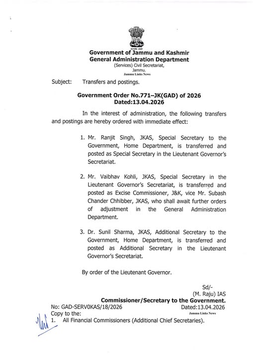 Transfer and postings vide government Order 771-JK (GAD) of 2026