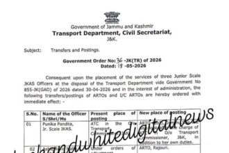J&K Govt Orders Transfer and Posting of ARTOs, I/C ARTOs..