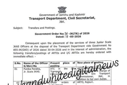 J&K Govt Orders Transfer and Posting of ARTOs, I/C ARTOs..