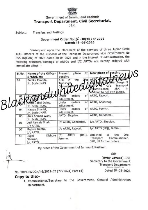 J&K Govt Orders Transfer and Posting of ARTOs, I/C ARTOs..