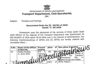 J&K Govt Orders Transfer and Posting of ARTOs, I/C ARTOs..