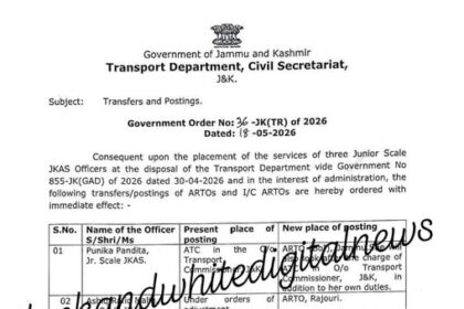 J&K Govt Orders Transfer and Posting of ARTOs, I/C ARTOs..