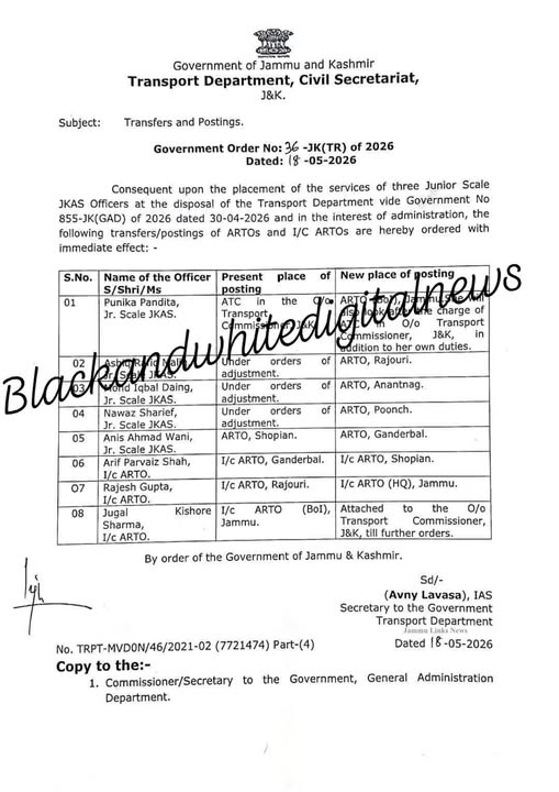 J&K Govt Orders Transfer and Posting of ARTOs, I/C ARTOs..