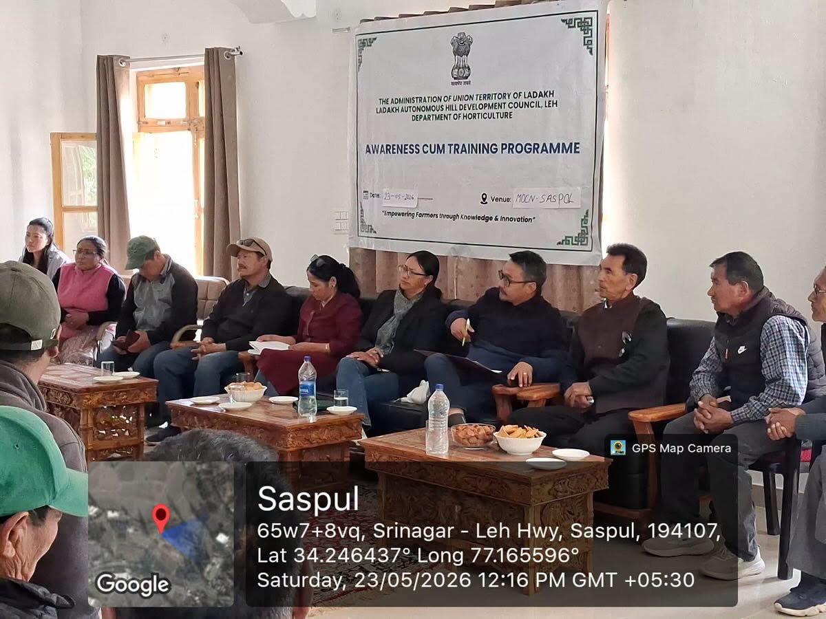 On 23rd May 2026, the Department of Horticulture organized a one-day Training-cum-Farmers Awareness Programme at Horticulture Farm Saspol for the farmers of Saspol, Alchi, Likir, Hemis Shukpachan, Gera, Mangu and Ulley villages. More than 100 farmers participated in the programme.