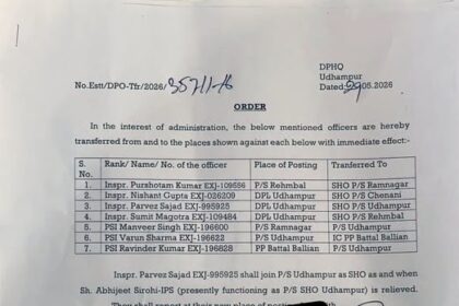 Transfer orders and postings of Station House Officers in District Udhampur issued by SSP Udhampur in the Interest of Administrative Efficiency and better Policing.