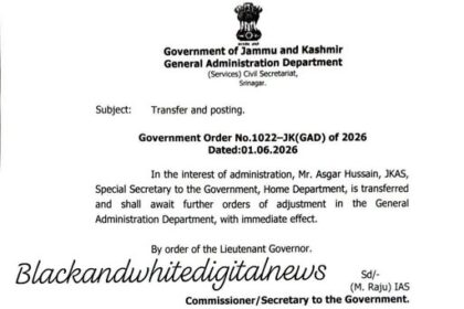 Administrative Update: JKAS officer Asgar Hussain transferred to a new posting in the latest government reshuffle.