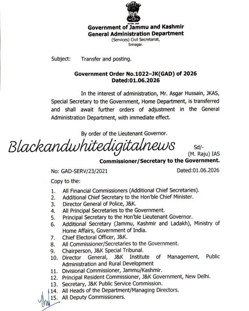 Administrative Update: JKAS officer Asgar Hussain transferred to a new posting in the latest government reshuffle.