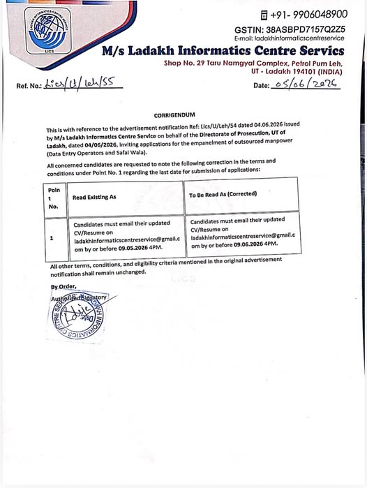 This is with reference to the advertisement issued by M/s Ladakh Informatics Centre Service on behalf of the Directorate of Prosecution, UT of Ladakh, dated 04/06/2026,