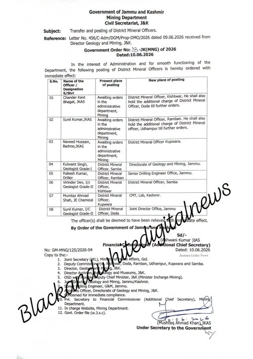 Jammu and Kashmir Government has ordered the transfer and posting of eight officers in the Mining Department to ensure smooth functioning and administrative efficiency across the Union Territory.
