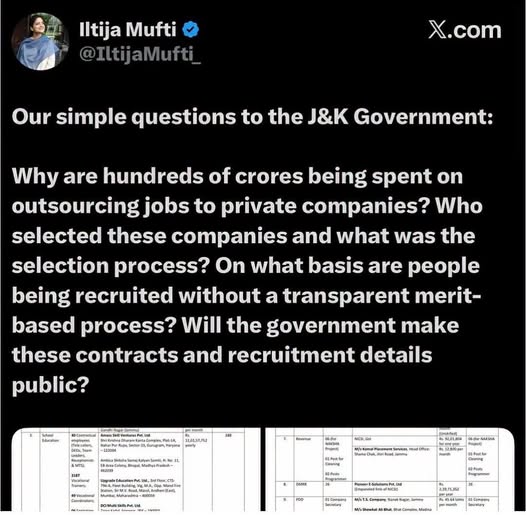 Breaking: Iltija Mufti Raises Serious Questions about the Recruitment Process in J&K.
