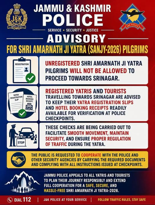 Jammu and Kashmir Police issued advisory regarding Amarnath Nath ji Yatra