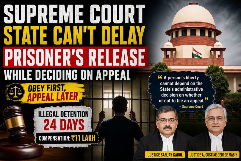 Supreme Court: State Cannot Delay Prisoner’s Release While Deciding on Appeal, Awards ₹11 Lakh Compensation