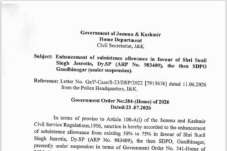 Home Department issued order regarding enhancement of Subsistence Allowance in favour of Sunil Singh Jasrotia, then Sub-Divisional Police Officer (SDPO),