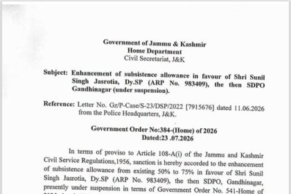 Home Department issued order regarding enhancement of Subsistence Allowance in favour of Sunil Singh Jasrotia, then Sub-Divisional Police Officer (SDPO),