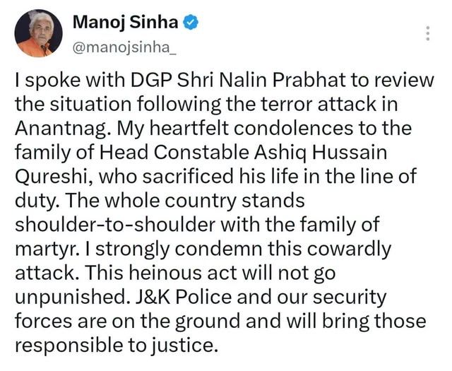 I spoke with DGP Shri Nalin Prabhat to review the situation following the terror attack in Anantnag.