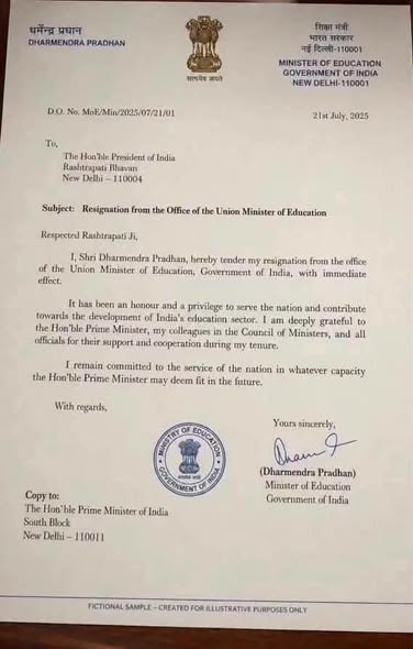 Resignation of Union Minister of Education Dharmendra Pradhan .