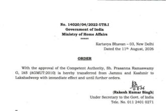 The Ministry of Home Affairs has ordered the transfer of Prasanna Ramaswamy G, IAS (AGMUT:2010) from Jammu and Kashmir to Lakshadweep with immediate effect and until further orders.