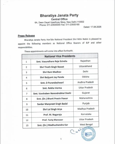 BJP National President Nitin Nabin has announced the party’s new list of National Office-Bearers, marking an important organisational reshuffle and strengthening the party’s national leadership team.