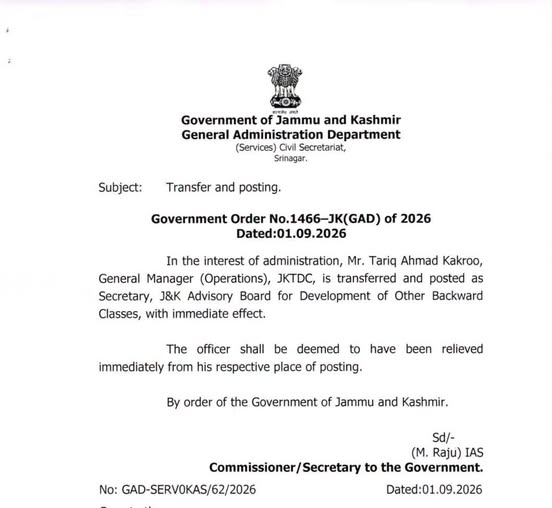 Kakroo posted as Secretary J&K Advisory Board for Welfare of OBCs